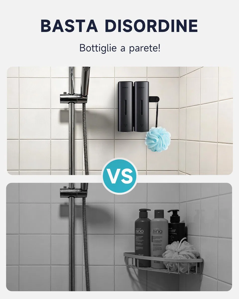 AIKE EasyPush Dispenser Doccia, Montaggio A Parete Senza Foratura Per Shampoo & Balsamo, Risparmia Spazio, Doppio