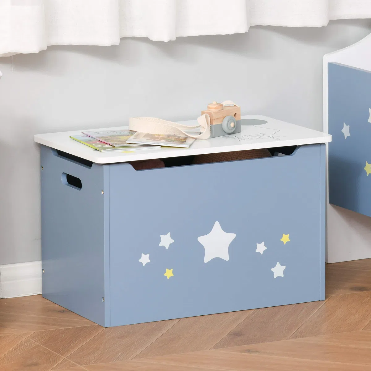 HOMCOM Cassapanca Baule Portagiochi in Legno Blu e Bianco, Panca per Cameretta Bambini 55 x 34 x 35.5 cm