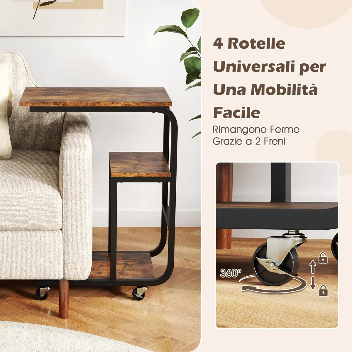 COSTWAY Tavolino Laterale a Forma di C, Tavolino da Salotto con Ruote Bloccabili, Ripiani Aperti e Struttura in Metallo, Tavolino Salvaspazio per Camera da Letto e Soggiorno (1)