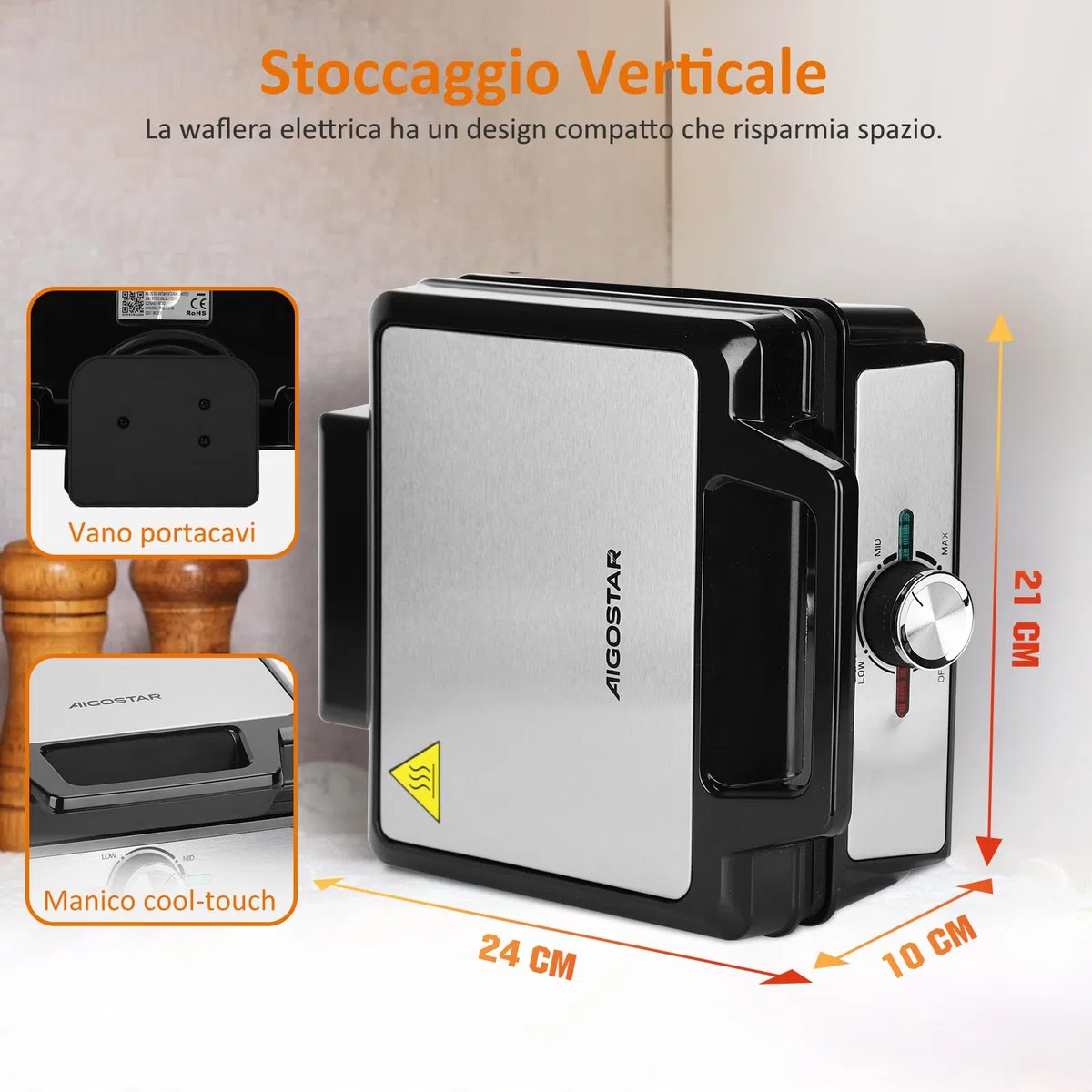 Aigostar Waffle Maker per 2 Waffle Belgi, 1600W, Piastre Antiaderenti 20,2 x 17,2 x 2 cm, Piastra per Waffle con Temperatura Regolabile, Indicatore LED, Design Compatto in Acciaio Inox, Senza BPA