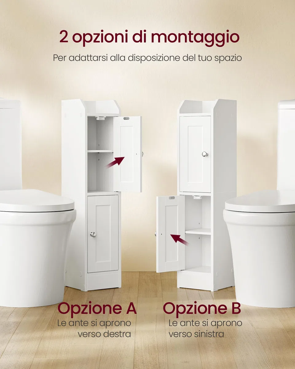 VASAGLE SIREN Collezione – Mobile da Bagno Stretto, Mobiletto da Pavimento Angolare, Porta Carta Igienica, Ripiani Regolabili, Ante da Aprire a Sinistra o a Destra, Bianco Nuvola BBK312WB02