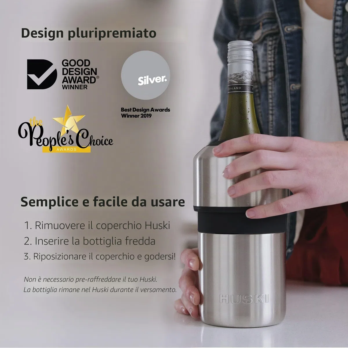 Huski Refrigeratore per vino senza ghiaccio di alta qualità, mantiene il vino freddo fino a 6 ore, design premiato, accessorio per vino, si adatta ad alcune bottiglie di champagne (acciaio spazzolato)