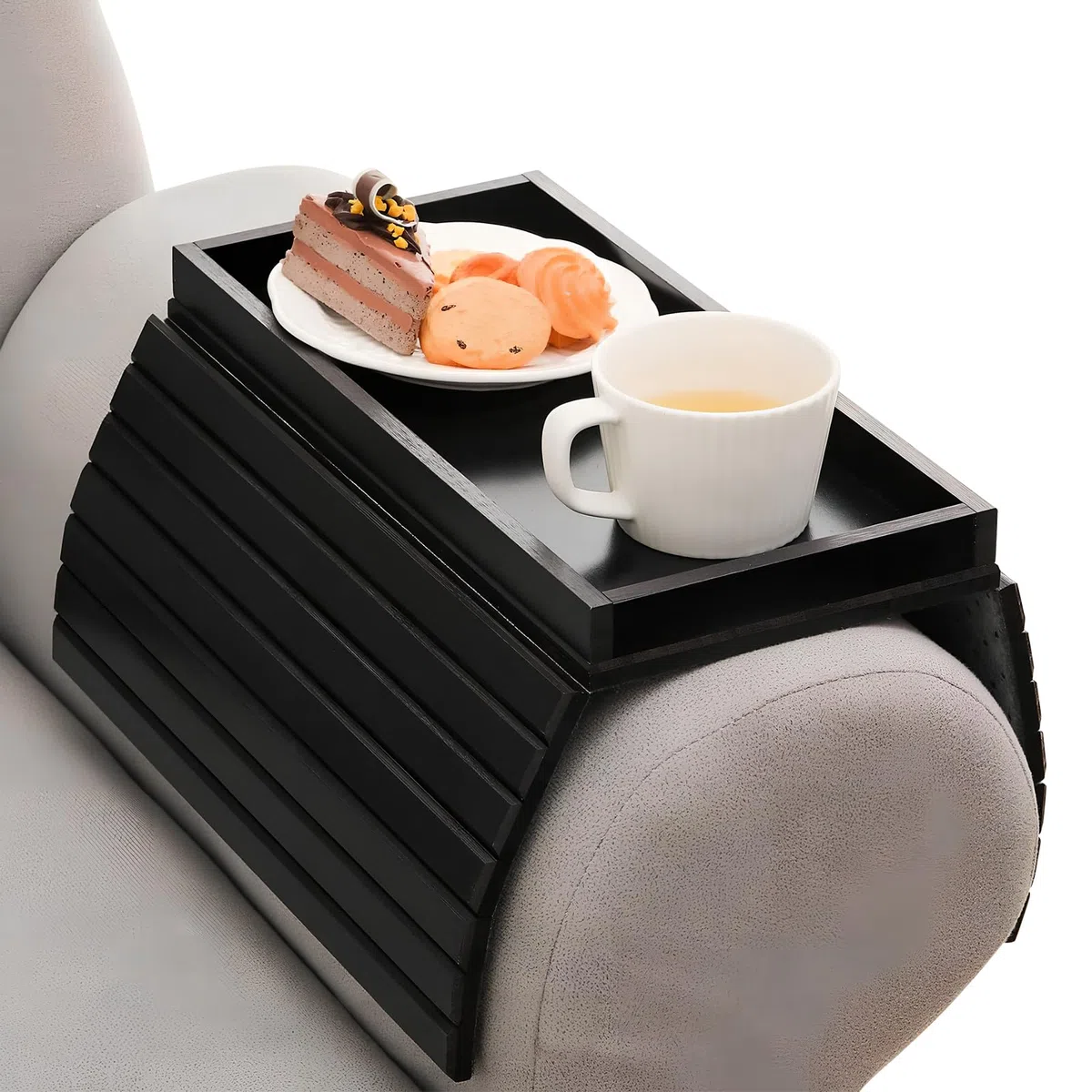 Vassoio per Bracciolo Divano in Bambù, Vassoio Divano Pieghevole Antiscivolo per Supporto Telecomando Snack Cellulare Bevande Tazza (Nero)