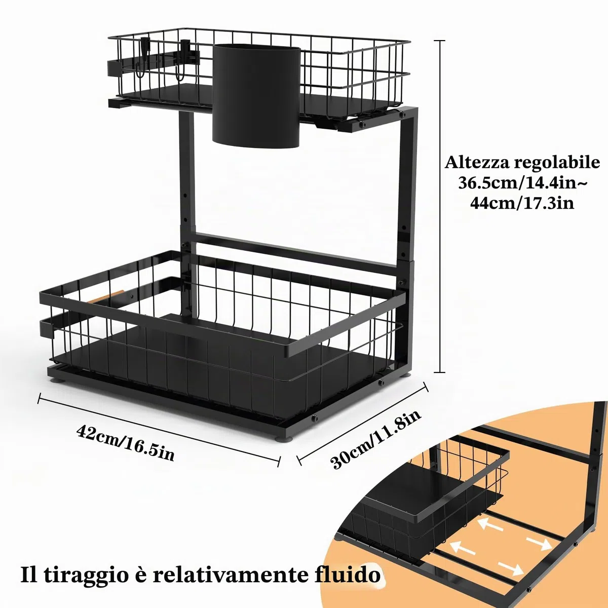 Organizzatore sotto il lavandino, 2 ripiani sotto il lavandino, organizer estraibile in metallo per cucina, bagno, dispensa, armadio, armadio organizzativo rack