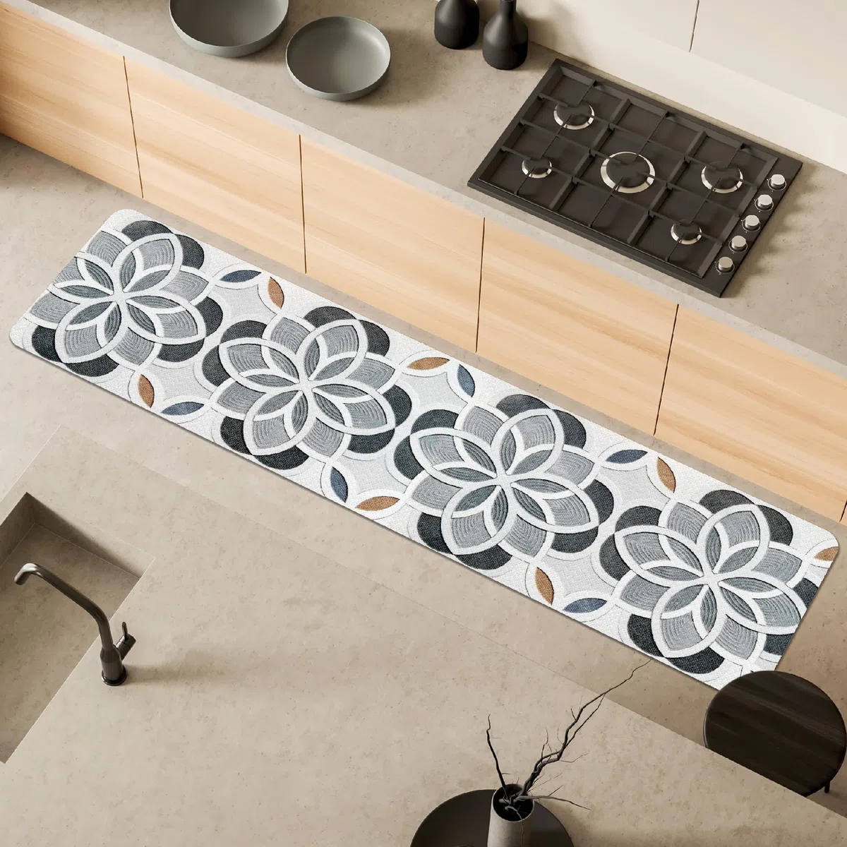 Comart - Tappeto Cucina Malaga - Passatoia 100% PVC - Antimacchia - Antiscivolo - Impermeabile - Tappetino Lavabile in Lavatrice - Corsia Moderna per Cucina e Corridoio - Geometrico - 55x230 cm