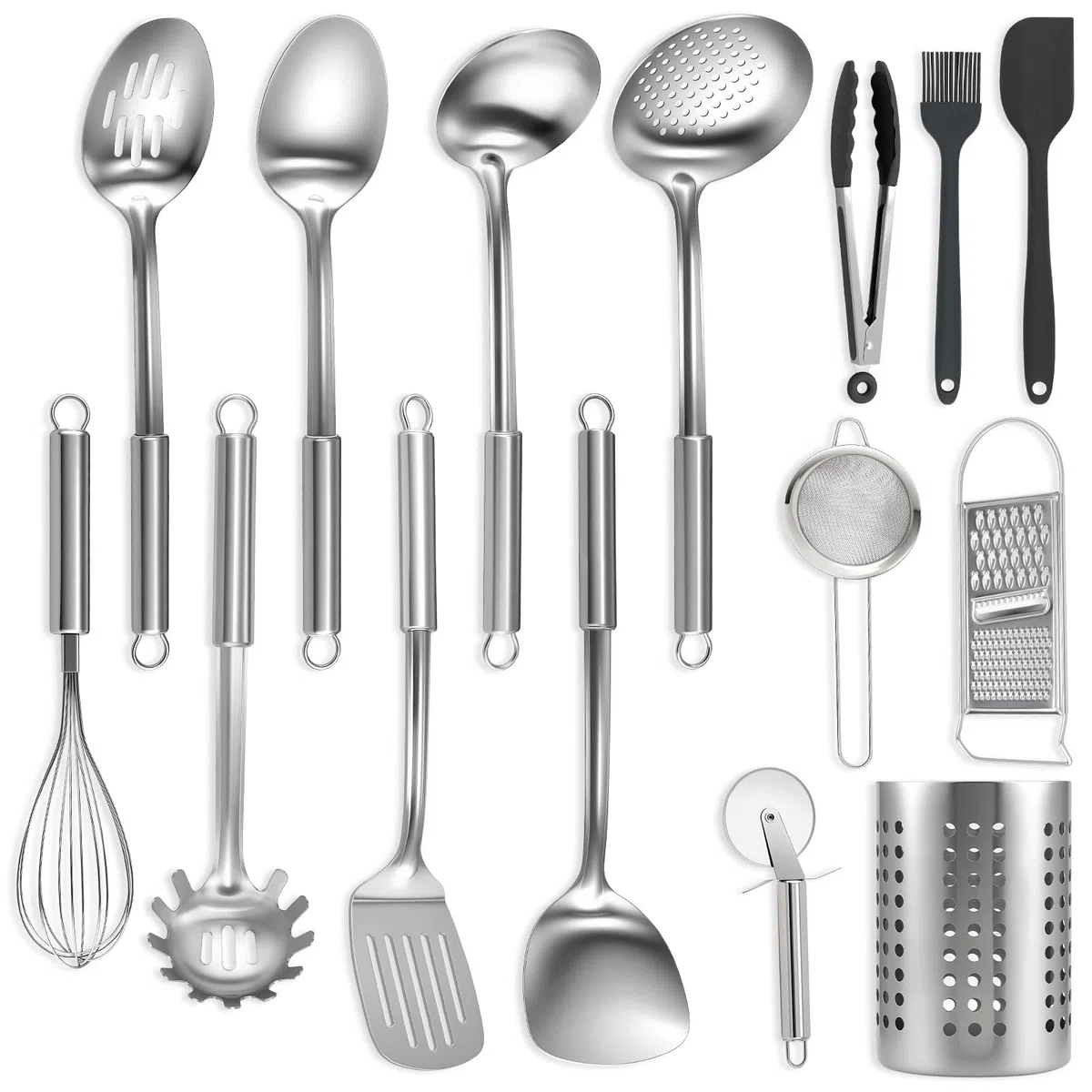 BEWOS Set Utensili Cucina da 15 Pezzi - Utensili da Cucina in Acciaio Inossidabile con Paletta e Portautensili, Non Tossico, Lavabile in Lavastoviglie e Resistente al Calore