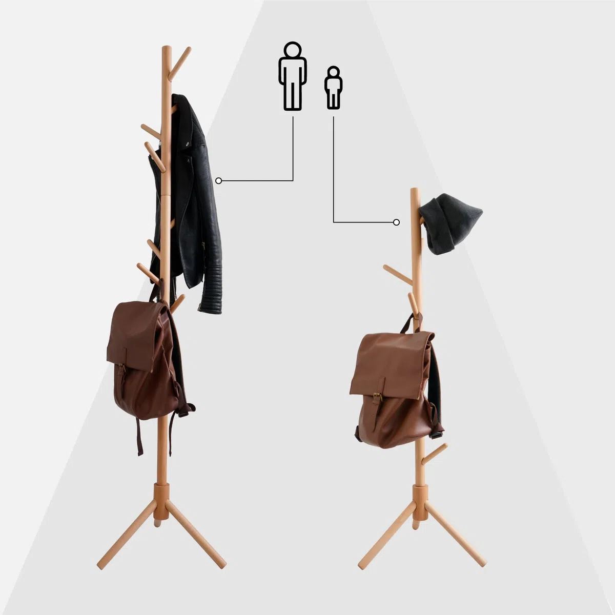 Eurocali Appendiabiti Attaccapanni in Legno Naturale con 8 Ganci e Struttura Modulare 2 Altezze - per Cappotti Giacche Cappelli e Borse - Portabiti Ingresso e Ufficio - 174/124x43cm