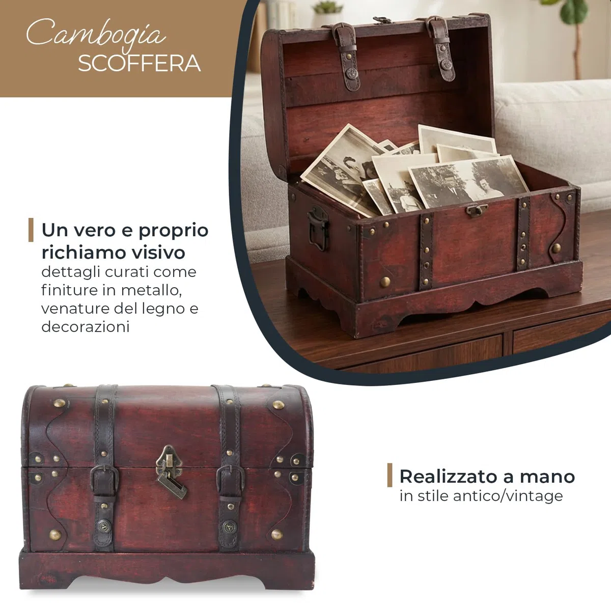 HMF Scrigno in Legno Grande con Serratura Decorativa, Cassa del Tesoro per Feste di Compleanno Bambini | 40 x 23 x 27 cm | Cambogia