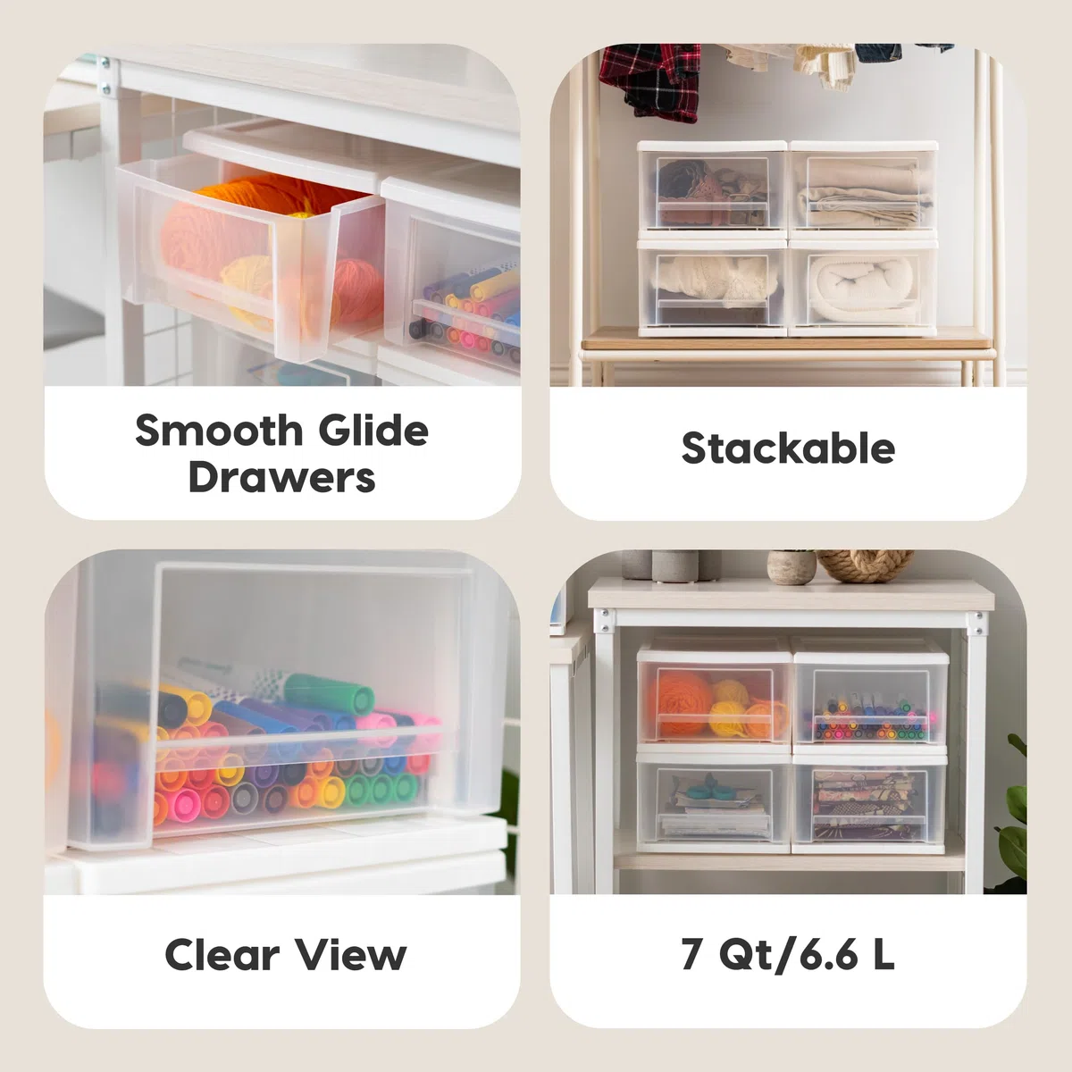 Iris 7 Quart Stacking Drawer, White, 7 Quart