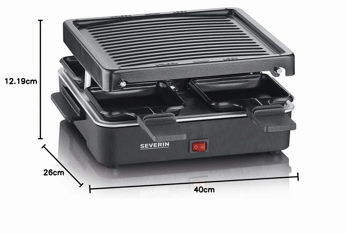 SEVERIN Mini Raclette Grill, 600W, 4 Padelline Antiaderenti, Piastra Antiaderente Scanalata (21x21 cm), Interruttore On/Off, 26,0 x 40,0 x 12,2 cm, Nero - RG 2370