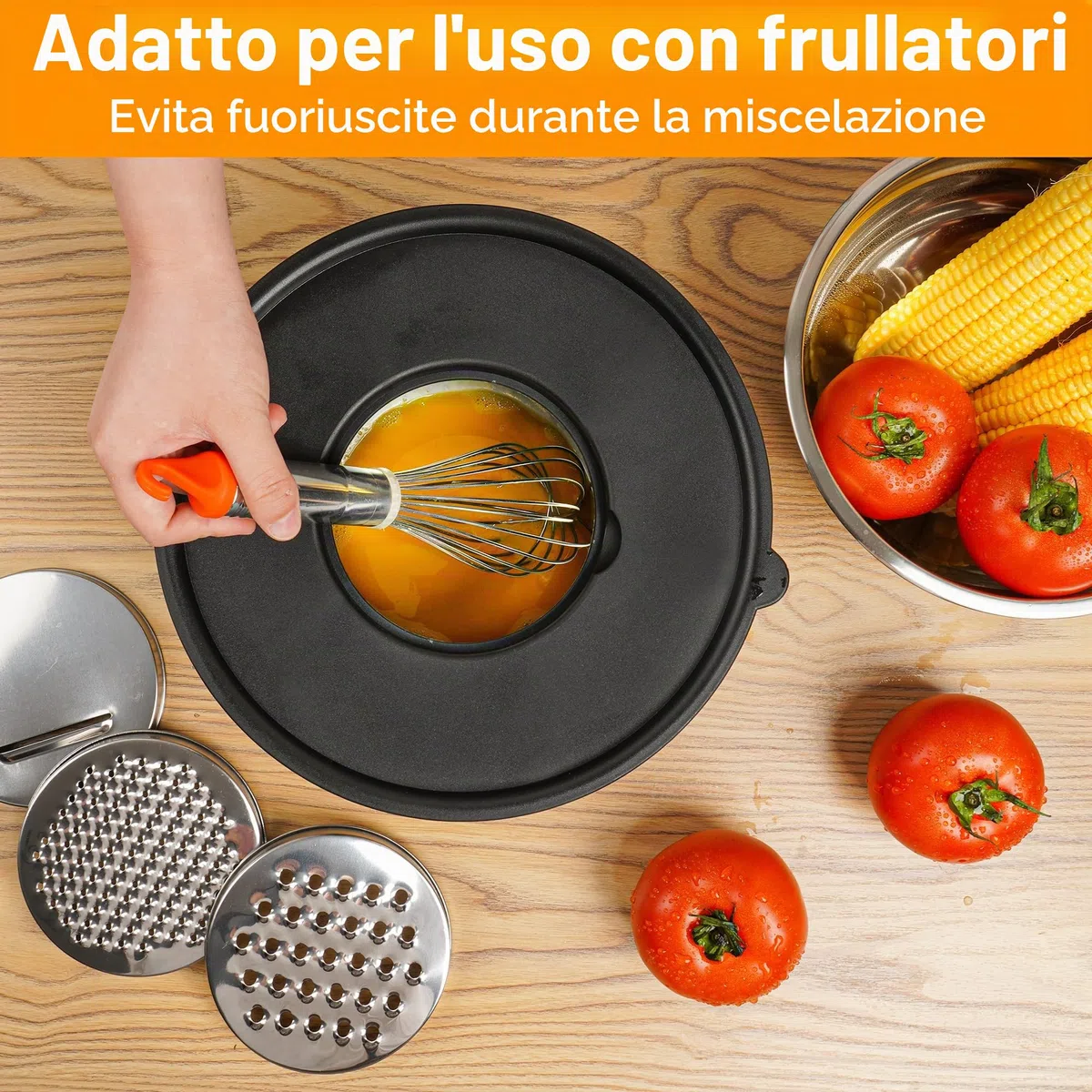 KUOGAS Set di 5 Insalatiera con Coperchio,Ciotole Cucina,3 Accessori per Grattugia, Grande Ciotole Acciaio Inox Cucina, Impilabile, Paraspruzzi, Lavabile in Lavastoviglie