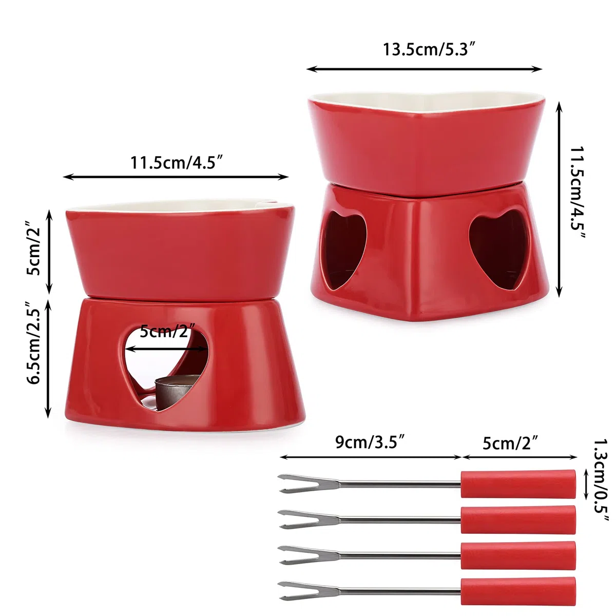 Set per fonduta di cioccolato in ceramica TOLIDA, pentolino a forma di cuore, pentola per fonduta di cioccolato e formaggio in porcellana con 4 forchette, 320 ml, mini bruciatore resistente al calore