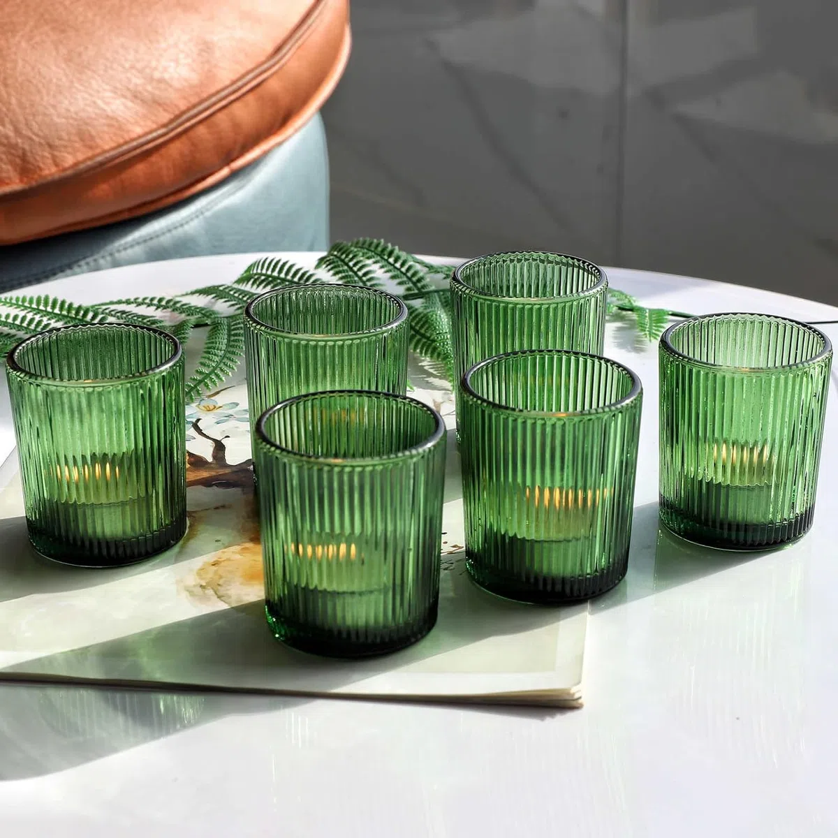 12 portacandele in vetro verde a coste, per matrimoni, feste, centrotavola, portacandele in vetro per regalo di compleanno (5,5 x 6,5 cm, verde)