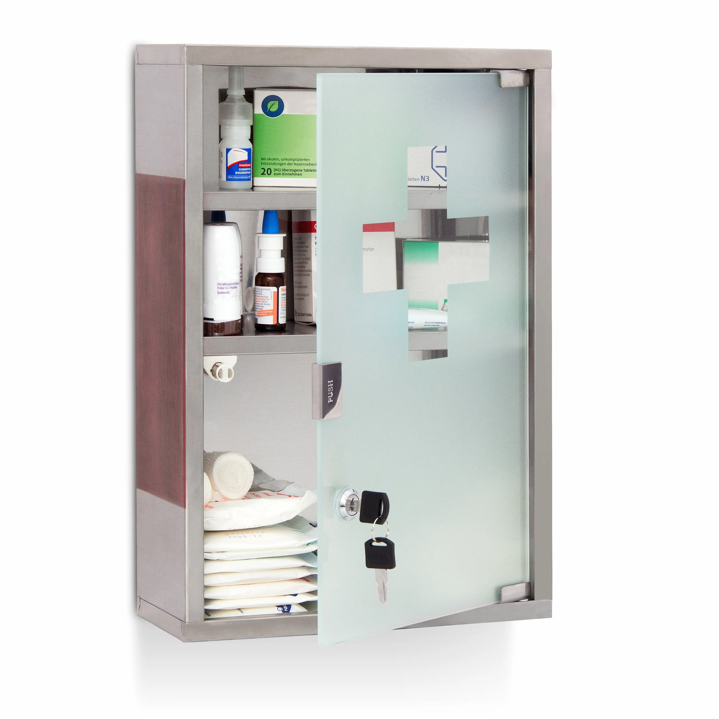 Relaxdays Armadietto Pronto Soccorso, Cassetta Medica, 3 Scomparti, Kit Medicinali, da Muro, 45x30x12 cm, Argentato
