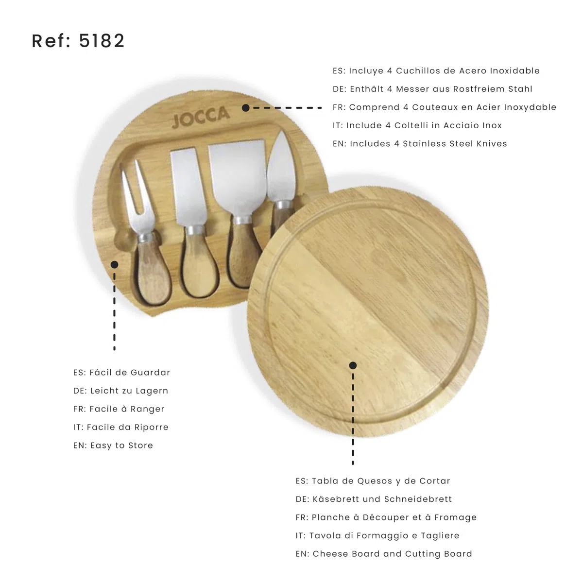 Jocca - Set Tavola Formaggi con Coltelli in Acciaio Inox | Ideale per Amanti del Formaggio | Tavola Rotonda diametro 20cm con Set di 4 Coltelli | Perfetto Regalo Originale