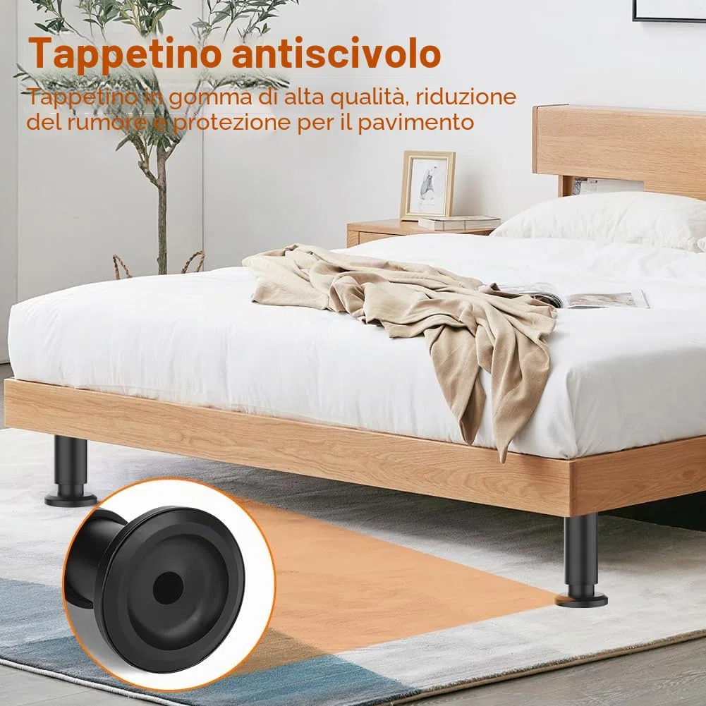 Piedini Regolabili per Letto 18-30 cm, 4 Pezzi, Gambe per Mobili Regolabili in Altezza in Metallo, per Tavolo, Armadio, Divano, Rete a Doghe, Supporto per Pavimenti Irregolari, Colore Nero