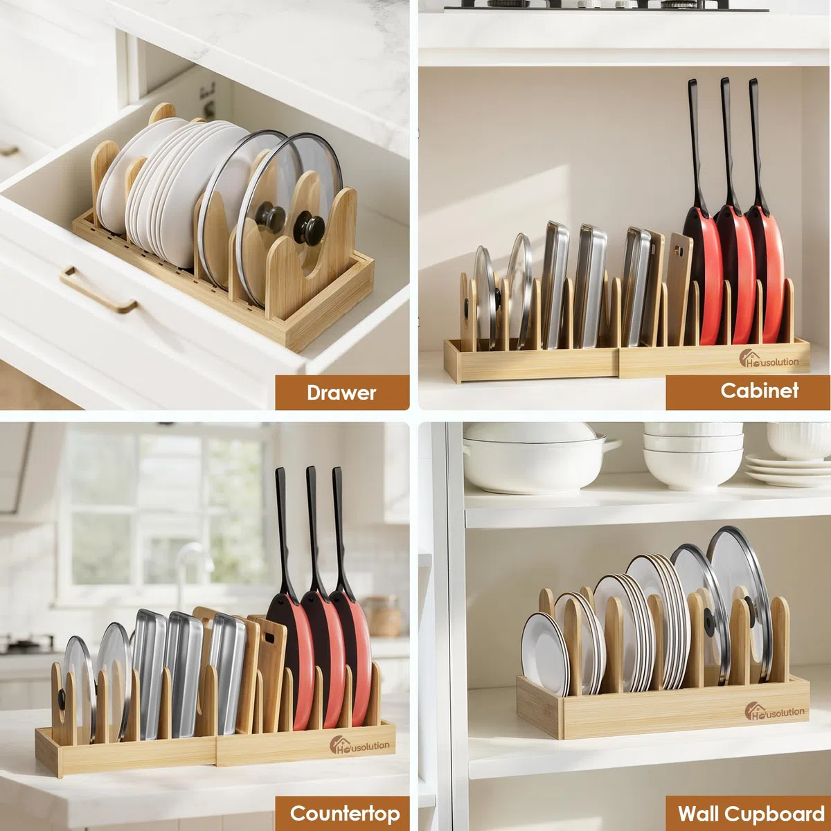 Housolution Bambù Porta Pentole e Padelle da Cassettone, 40cm-75cm Espandibile Porta Coperchi Pentole con 10 Scomparti Regolabili, Organizer Coperchi Pentole e Padelle per Cucina