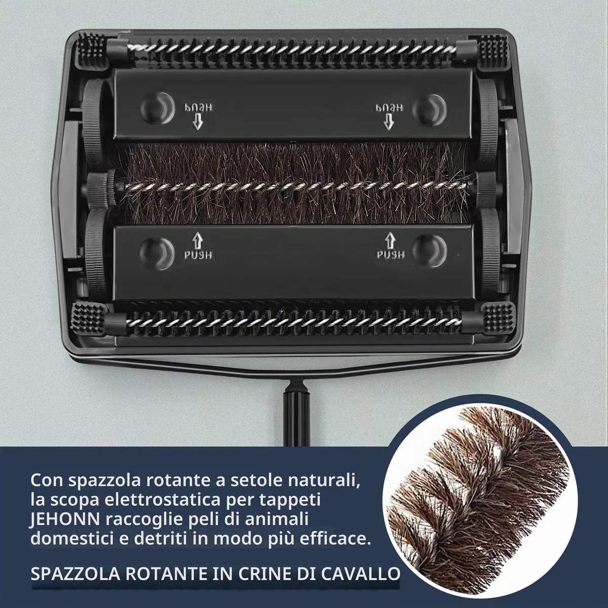 JEHONN Spazzola per Tappeti, Balai Meccanico Manuale con Crine di Cavallo, Senza Elettricità,Pulisci Tappeto e Moquette (Nero)