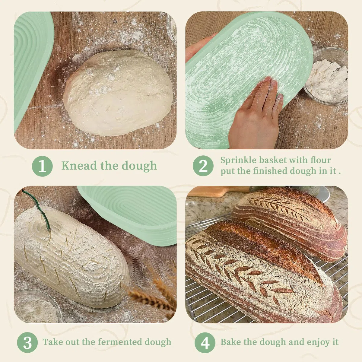 mumisuto Cestino Lievitazione Pane Silicone, 2 Pezzi Cestino per Lievitazione Pane Pieghevole, Cestino Pane 23,5 cm Rotondo & 26 cm Ovale, con 3 Spatole & 1 Pennello, per Pane Fatto in Casa e Pasta