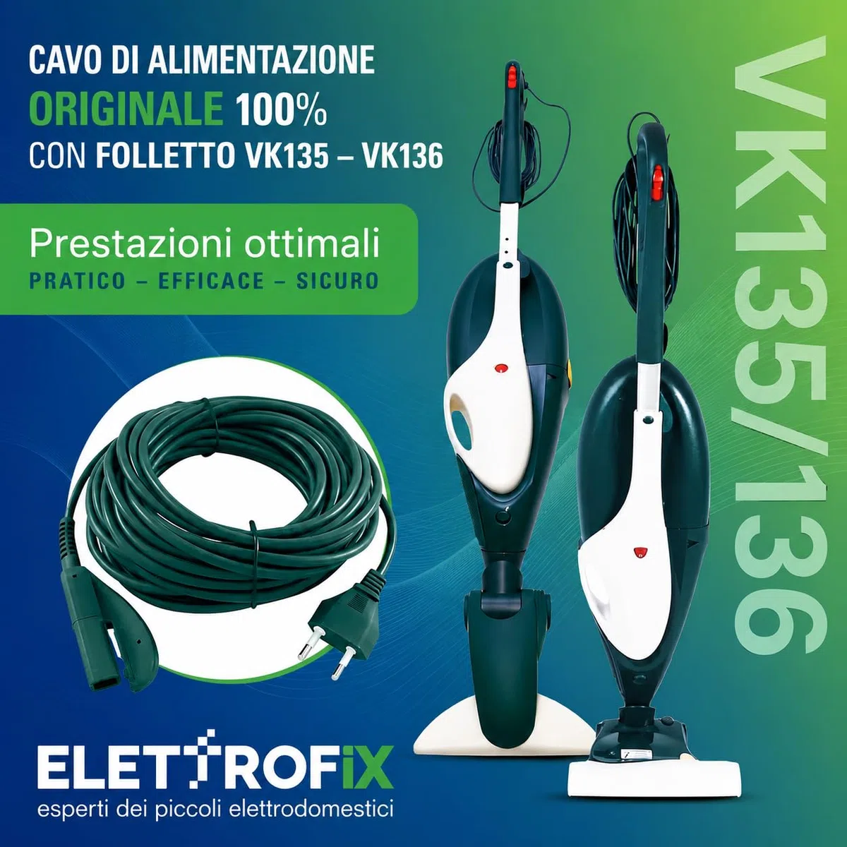 Cavo Folletto VK 135/136 ORIGINALE - 10 METRI - Filo Folletto VK 135/136 - Ricambio Alimentazione Scopa Elettrica - Facile Montaggio - Resistente e con Spina Italiana
