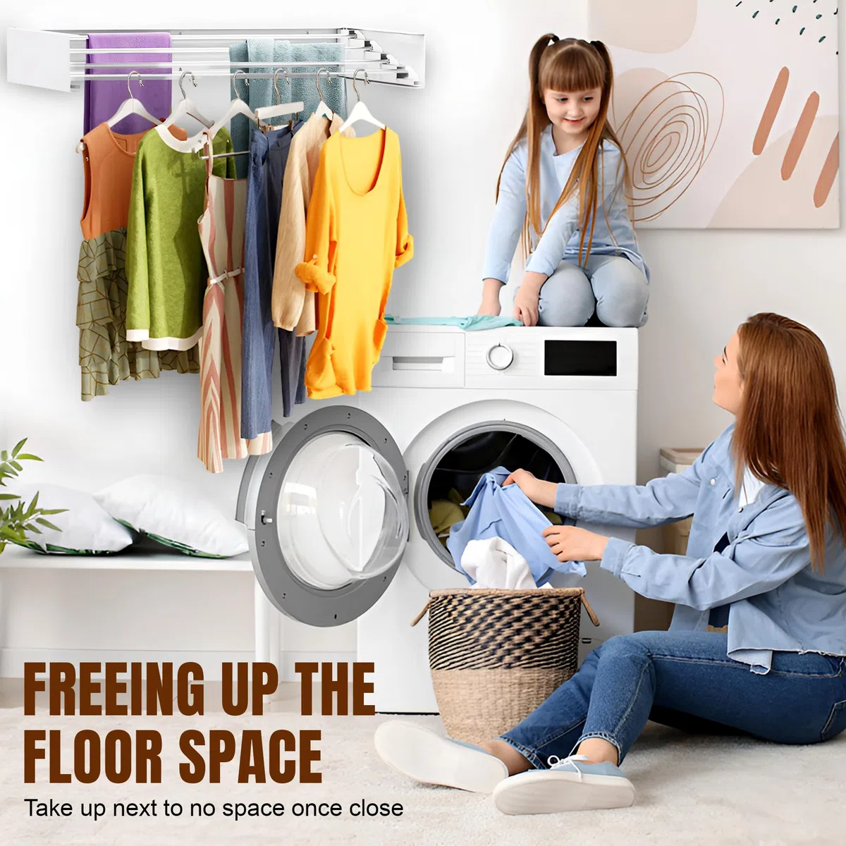 32” Wall Mounted Hanging Drying Rack Laundry for Kitchen Bathroom Use - Foldable Indoor Outdoor Drying Line with 4 Steel Poles - Collapsible Laundry Organizer Clothes Rack for Outdoor Balconies