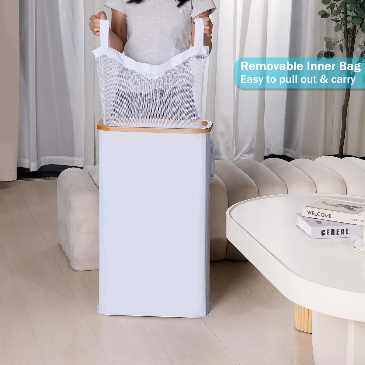 efluky Cesto per la Biancheria 63L, Cesto per la Biancheria Sottile con Coperchio, Cestos per la Biancheria Pieghevole Bianco con Manici in Bambù e Borsa Rimovibile per Camera da Letto, Lavanderia