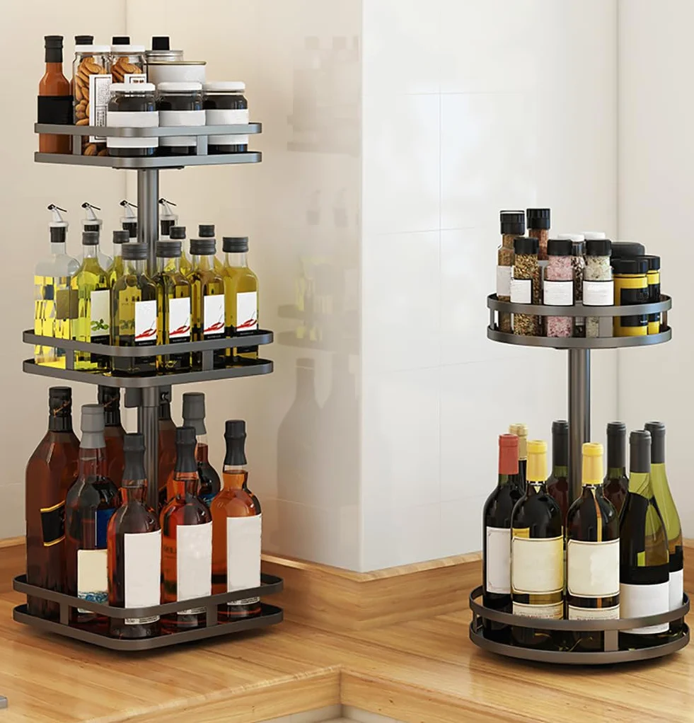 YunNasi Porta Spezie per Cucina Portaspezie Girevole In Acciaio Inox Nero Lazy Susan Organizer Scaffale da Cucina (2 Tiers, Quadrato)