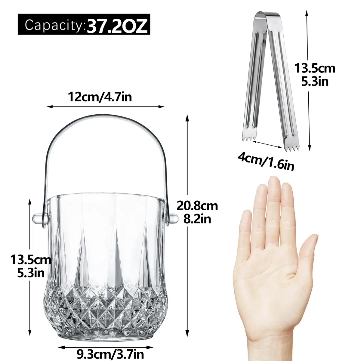 Secchiello del ghiaccio in vetro con manico e pinza per ghiaccio, con capacità di 37 once di ghiaccio, secchi trasparenti in cristallo per bar a casa, accessori per cocktail, vino, feste, secchiello
