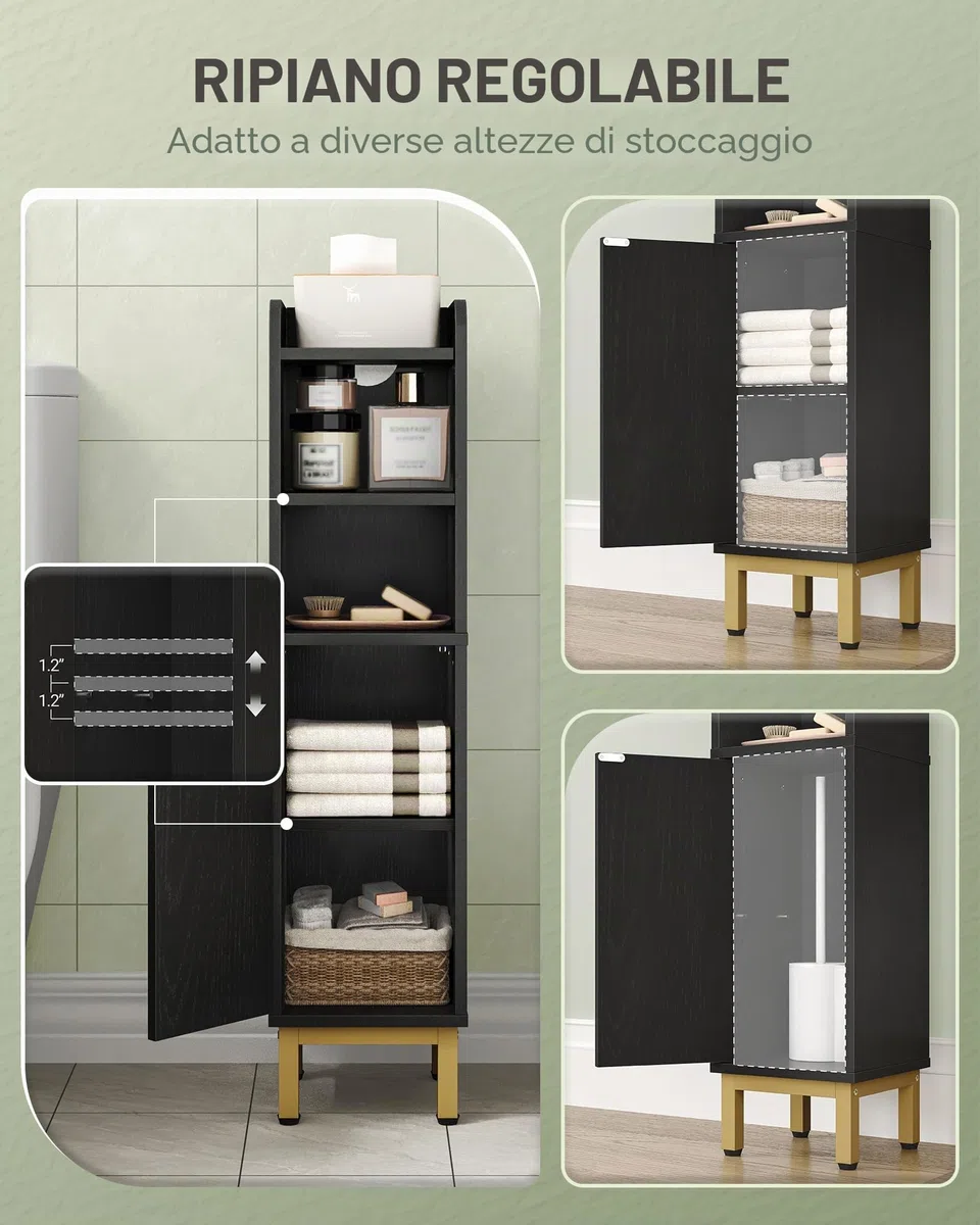 Hzuaneri Mobile a Colonna, Mobile da Bagno a Colonna, Armadietto Salvaspazio, Accanto al Water, con Ripiano Regolabile, Facile da Montare, 20 x 20 x 83 cm, Nero-Oro BC08206X