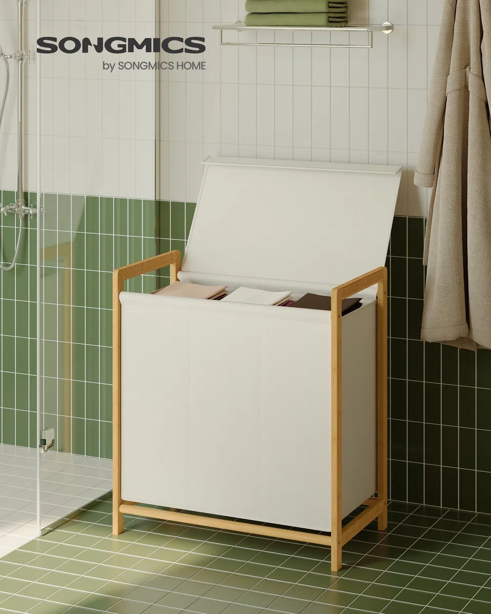 SONGMICS Cesto Portabiancheria 3 Scomparti, Cesta Porta Biancheria Sporca, Struttura in Bambù, Coperchio Rinforzato e Rimovibile, Sacco Rimovibile, 150 L, Bianco Crema RLH103WD01
