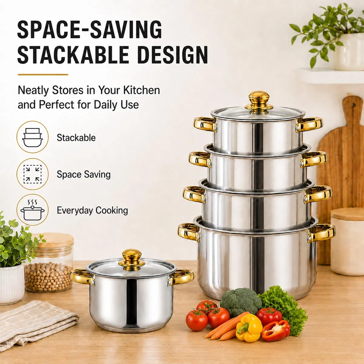 Set di pentole in acciaio inox, 10 pezzi, per piani cottura a induzione, con coperchio in vetro, 5 pentole da 18 a 26 cm, pentole a induzione per tutti i piani cottura, argento lucido
