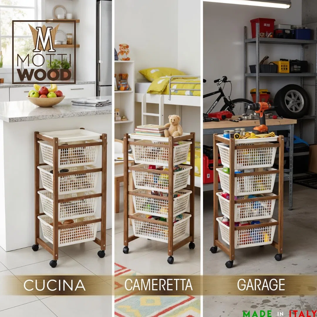 Mottiwood Carrello da Cucina, Carrelli Salvaspazio, 4 Ceste, Legno di Faggio Naturale, 36.2x30x82.3 cm, Montato, Made in Italy (Color Noce)