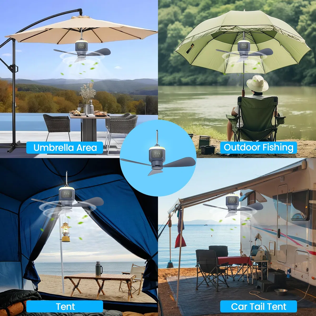 Ventilatore da campeggio portatile da 12000 mAh, con illuminazione, campeggio, USB, 4 velocità e timer da 2 a 8 ore, per tenda, gazebo, camper, camera da letto