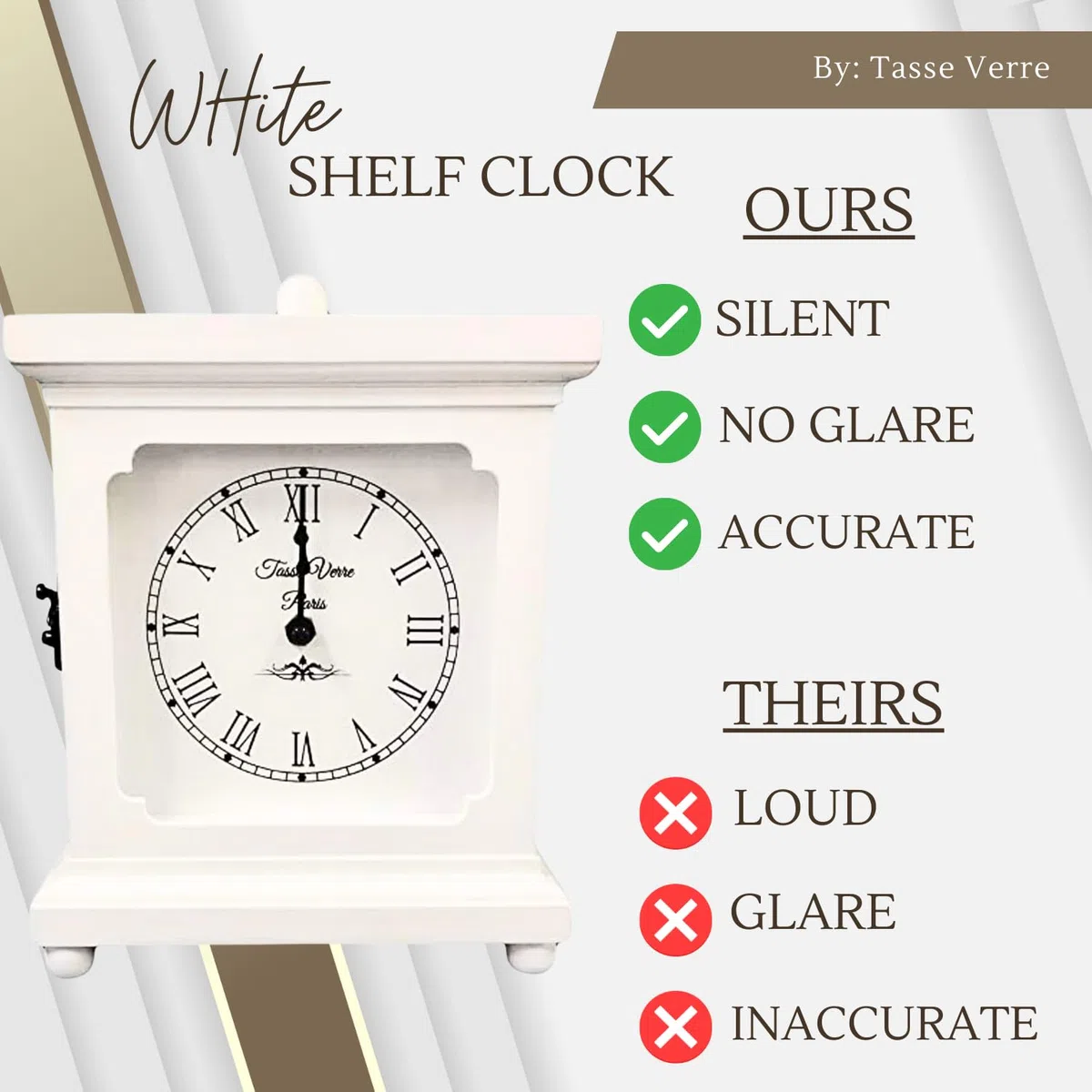 Tasse Verre, orologio bianco, da mensola o scrivania, 22,9 x 17,8 cm, in legno, meccanico, silenzioso, da ufficio, camera da letto, caminetto, soggiorno. Funzionamento a batteria AA non digitale