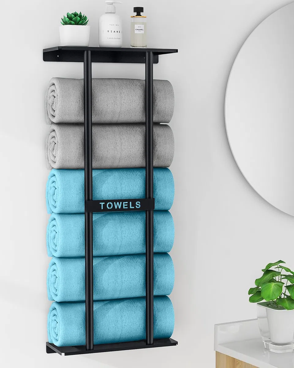 STWWO Mensole Portasciugamani da Bagno Porta Asciugamani da parete Nero 76cm Porta Salviette Grandi Asciugamani Organizer Portasciugamani Verticale con ripiano per Bagno Cucina Toilette