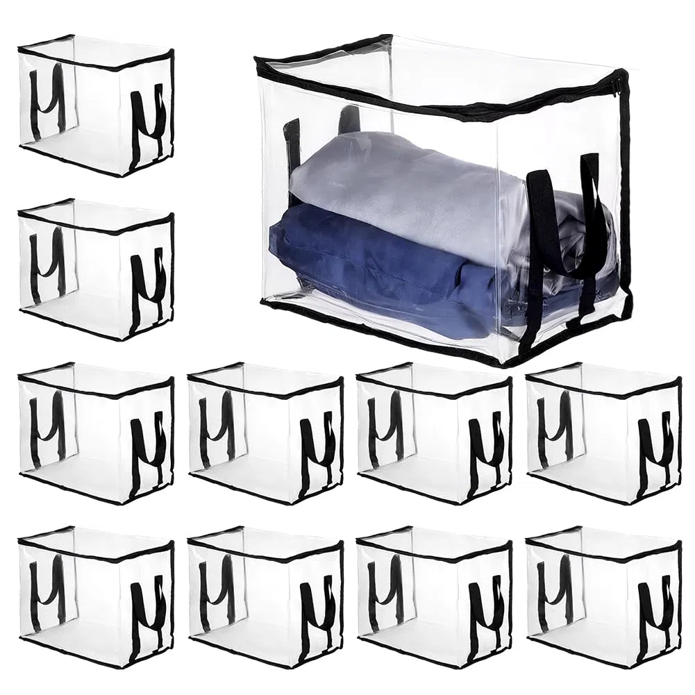 PH PandaHall 10 organizer trasparenti con cerniera, di grande capacità, pieghevoli, con manico, per riporre libri, casa, ufficio, vestiti, armadio, nero, 37 x 25 x 28,5 cm