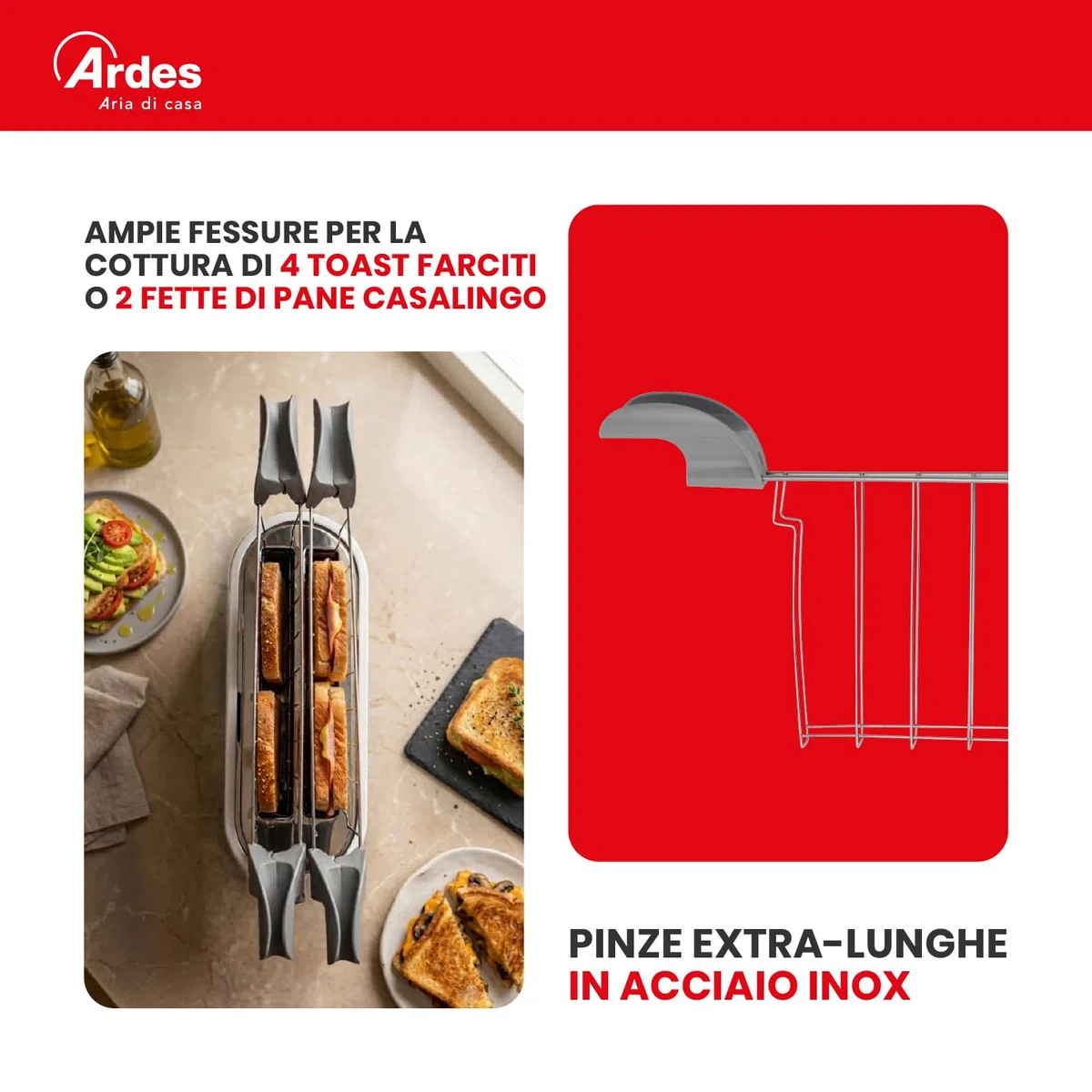 Ardes TOSTO SLEEK PLUS ARTOAST02 – Tostapane a 4 fette con pinze in acciaio inox, 7 livelli di doratura, 3 funzioni, vassoio raccogli briciole rimovibile e design elegante