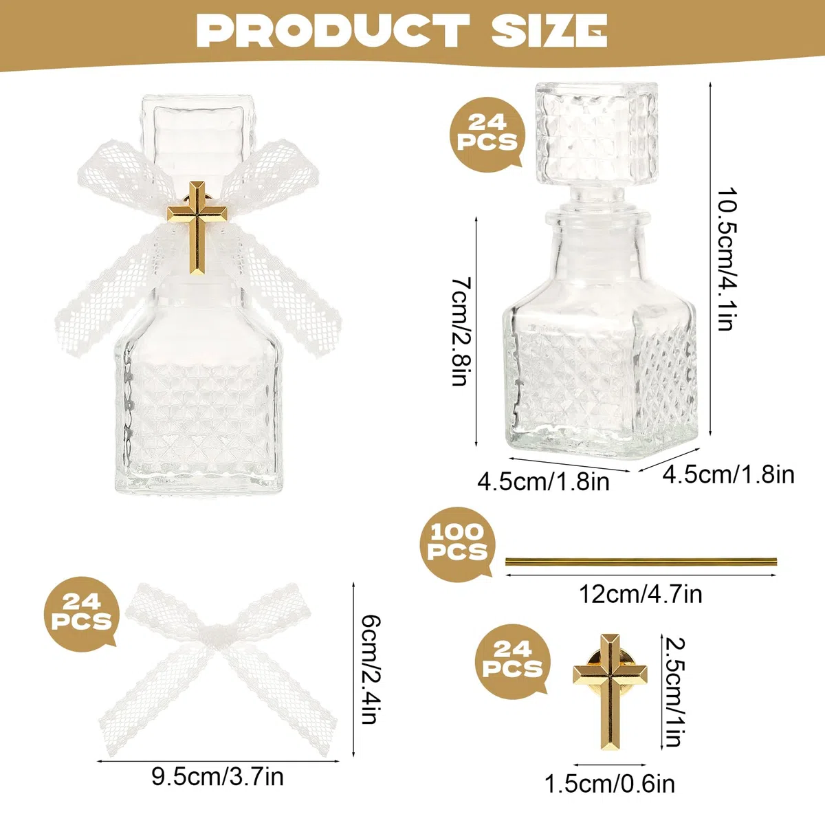 Set di 24 bottiglie per acqua santa con 24 spille a croce e fiocco in pizzo, 50 ml, contenitore vuoto per santa prima comunione, chiesa, bomboniere, regali di Gerusalemme, cattolici cristiani