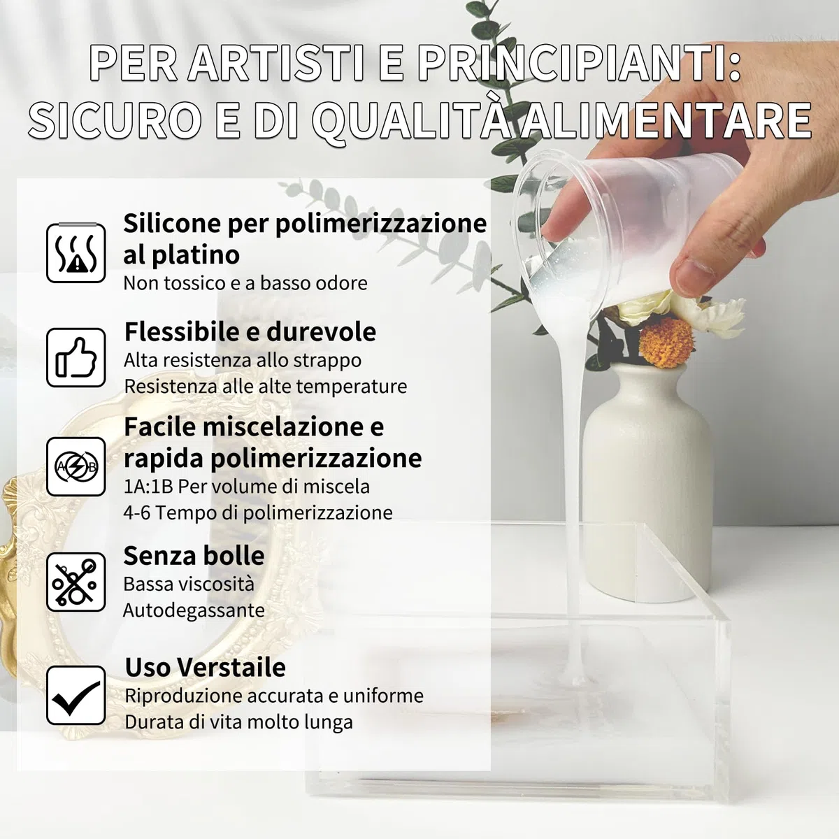 SIHOOPE Silicone per stampi - alimentare 20A - Silicone liquido trasparente (1:1), perfetto per stampi in resina DIY, cera, gesso e modellazione (1L)