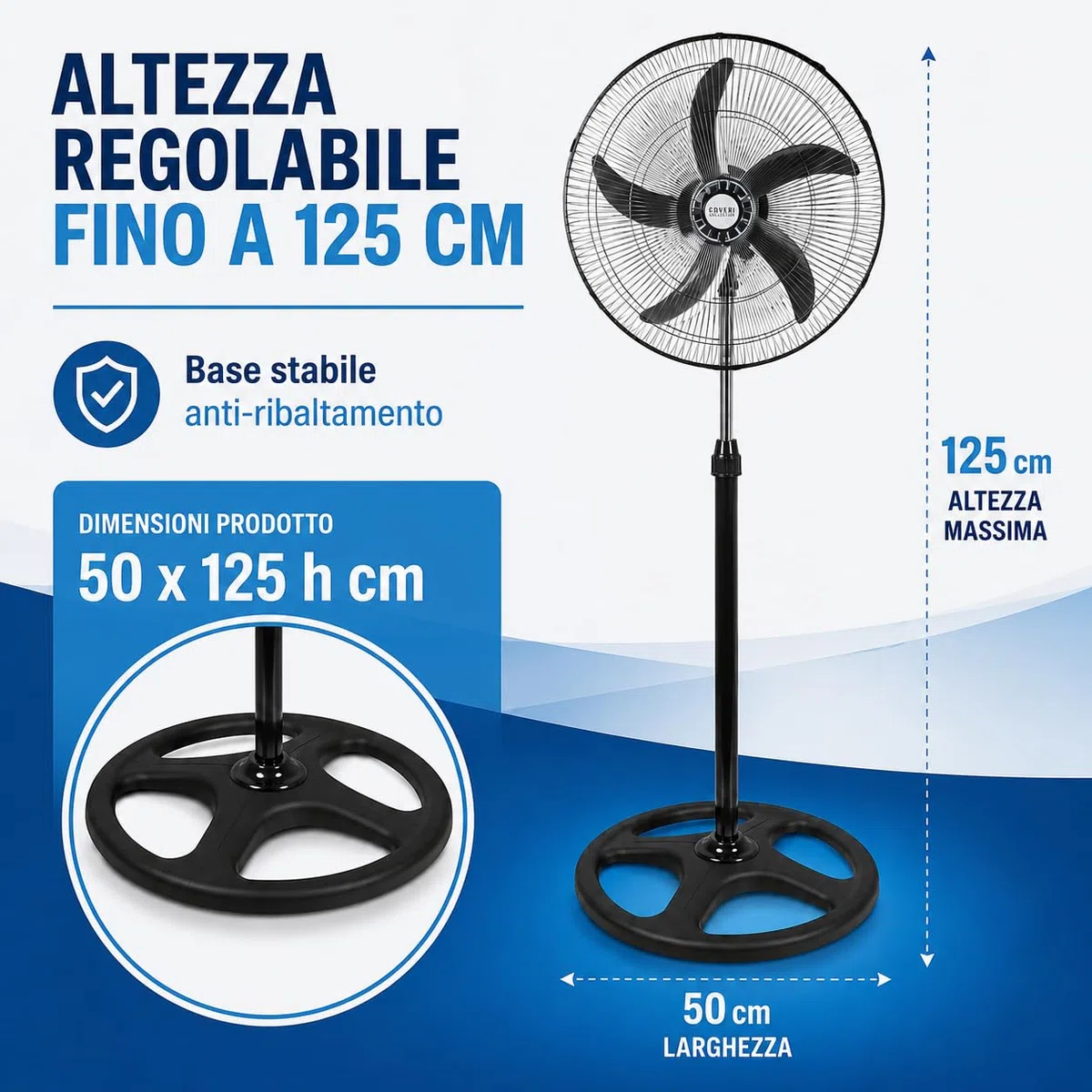 WENZO Ventilatore a Piantana 65W con 5 Pale in Alluminio, 3 Velocità, Oscillazione Laterale Automatica, Altezza Regolabile fino a 125 cm, Ventilatore da Terra Potente per Casa, Ufficio e Negozio