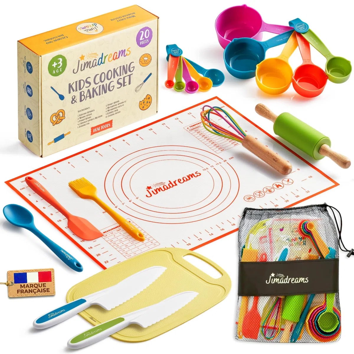 Set Cucina Bambini Montessori - Utensili Veri e Sicuri, Coltelli Antitaglio per Cucinare - Kit Pasticceria con Attrezzi e Coltello, Gioco Educativo, Regalo Bambina e Bambino 3 Anni