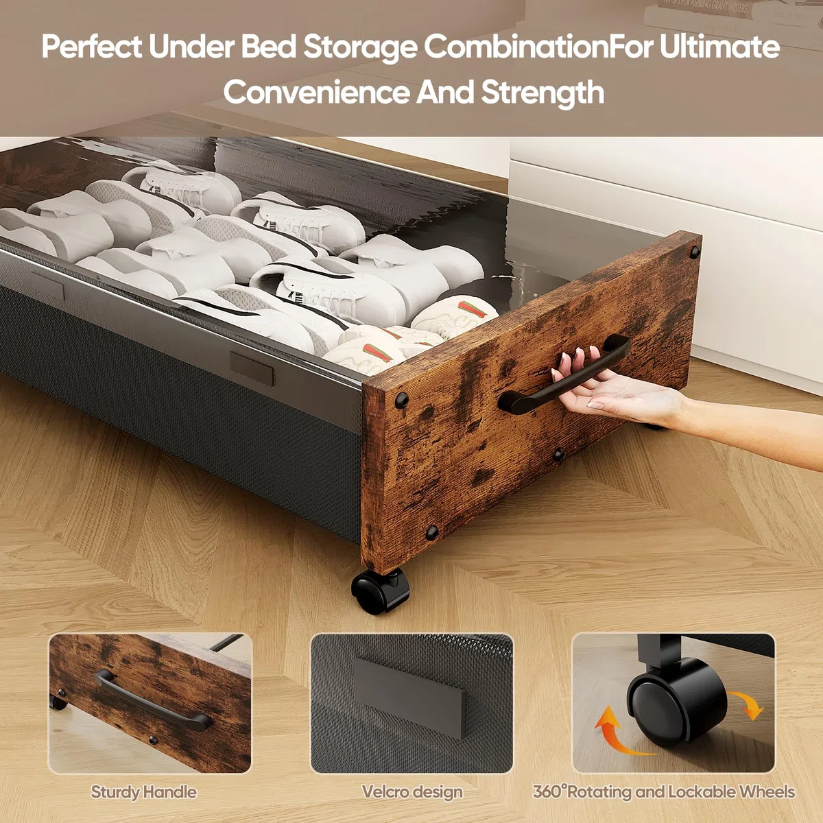 Contenitore sottoletto con ruote, contenitori di legno extra grandi sotto il letto per scarpe, cassetti sotto il letto con rotelle e coperchio trasparente, robusti per vestiti e giocattoli 91,5 cm
