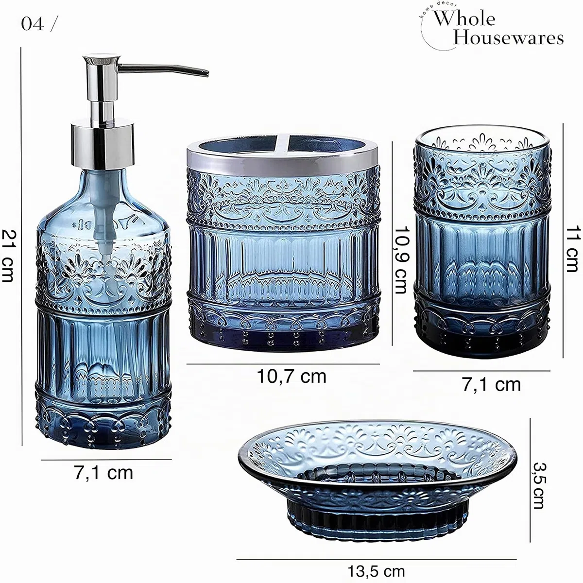 WHOLE HOUSEWARES | Set di accessori per il bagno | Set da 4 accessori in vetro per la decorazione | Porta sapone, porta spazzolini, barattolo e piattino | Vetro a mosaico elegante (blu)