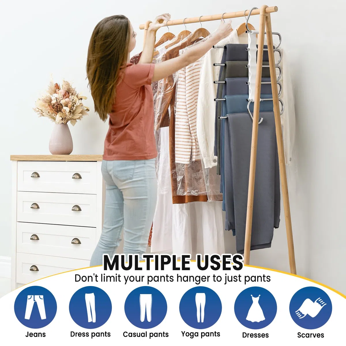 DAMITA Grucce Pantaloni Salvaspazio Appendiabiti Porta Pantaloni 4 Pezzo 5 in 1 Bianco per Armadio Appendini Multifunzionali Nessuna Installazione Adatto per Donne e Uomini Jeans Sciarpe Vestiti