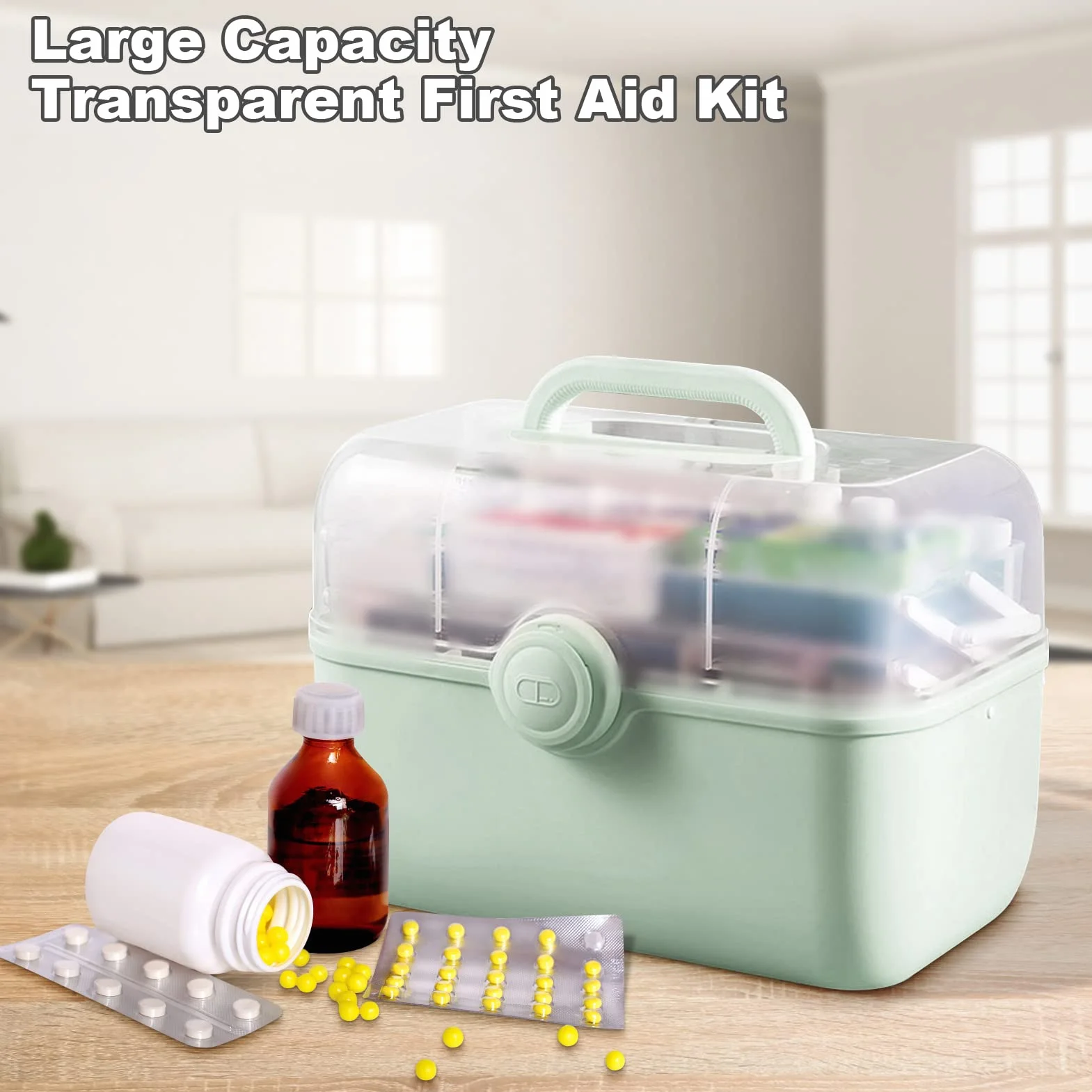 Scatola per medicinali Scatola di Pronto Soccorso Trasparente, Organizzatore di contenitori per medicinali di Grande capacità con Custodia per Kit Organizer per Pillole Armadietto(L Verde),