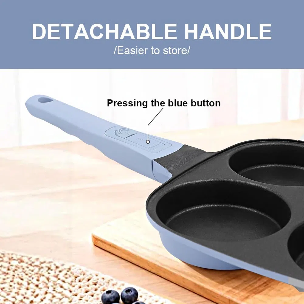 RANX INGST Padella Pancake 4 Fori con Coperchio, Padella per Uova Fritte con Manico Rimovibile, padella per omelette Antiaderente in Alluminio - Blu