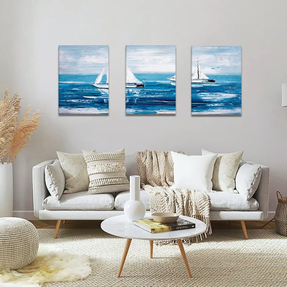 Artscope Stampe e Quadri su Tela 3 pz. Oceano Blu e Barca a Vela Immagine Fotografia Murale Tela Wall Art Bel Regalo per Home Decor Ristorante Cucina Regalo di Anniversario Compleanno 30x40CM