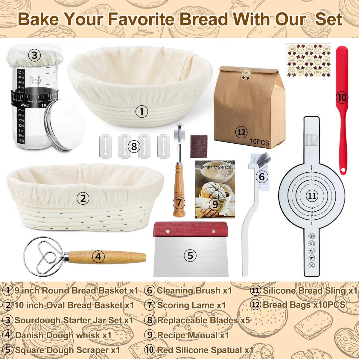 Set completo per lievito naturale 12 pezzi: cestino per pane ovale da 25 cm e cestino rotondo da 23 cm, supporto per pane in silicone, barattolo per fermentazione del lievito, set di