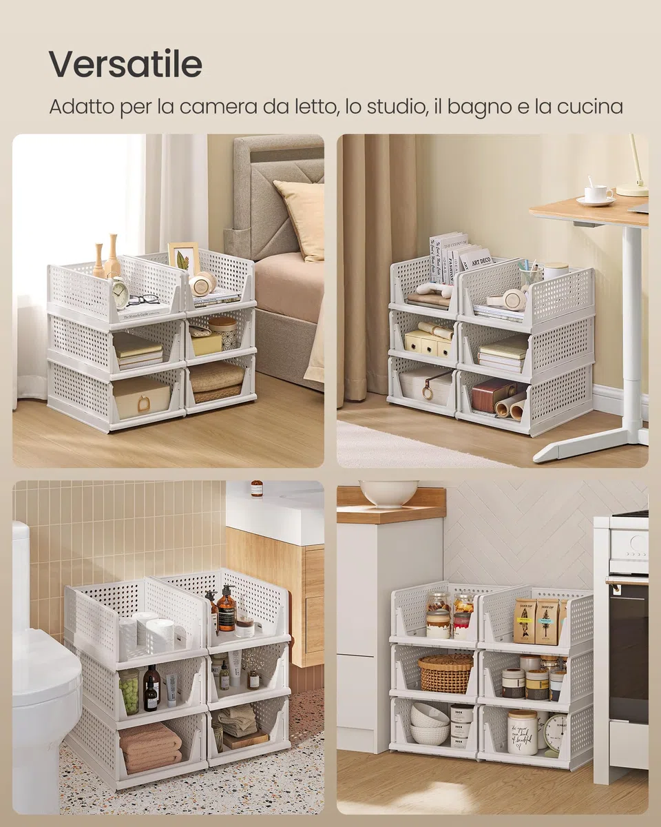 SONGMICS Organizer per Armadio Pieghevole, Set di 6 Organizzatori Cesti Impilabili Scorrevoli per Armadio, Cassetti in Plastica per Camera da Letto Ufficio Bagno, Bianco LPC600WZ01
