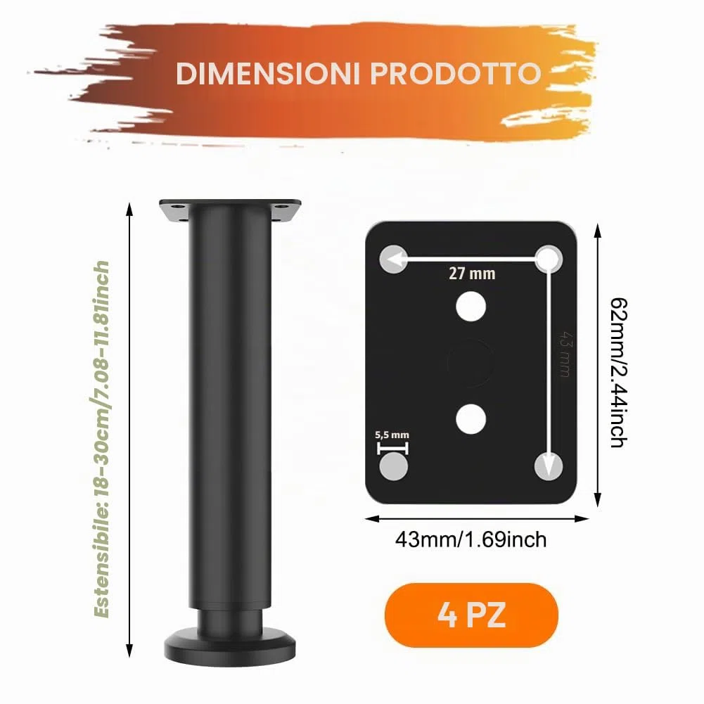 Piedini Regolabili per Letto 18-30 cm, 4 Pezzi, Gambe per Mobili Regolabili in Altezza in Metallo, per Tavolo, Armadio, Divano, Rete a Doghe, Supporto per Pavimenti Irregolari, Colore Nero